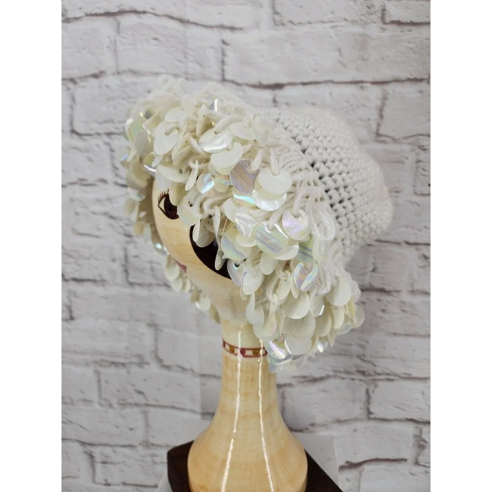 Vintage Crochet Beanie Hat Shimmer Paillettes Twee Euro Winter Chic Winter White